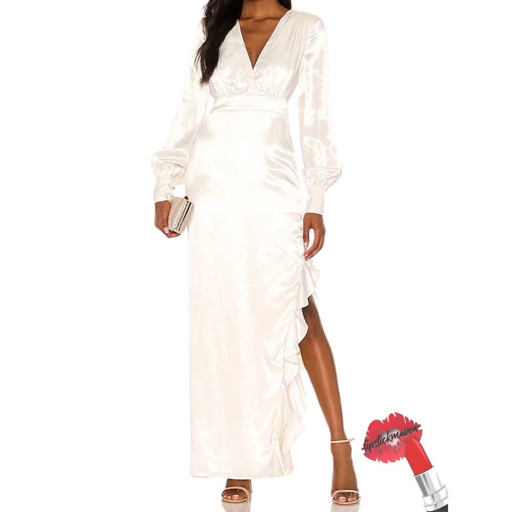 Majorelle Dress Women Medium Pearl Gown Ruched Ruffle Cream Satin Hem Slit